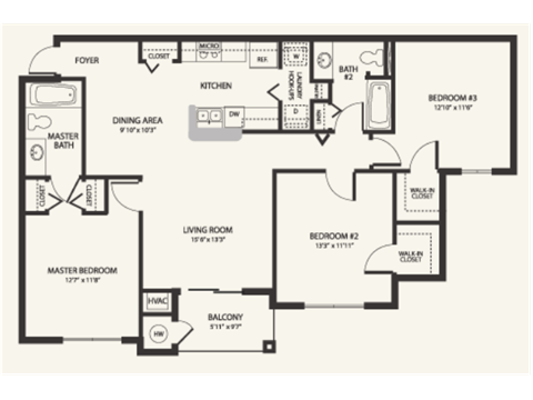 Three Bedroom Floor Plan at Laurel Oaks Affordable Apartments in Leesburg FL